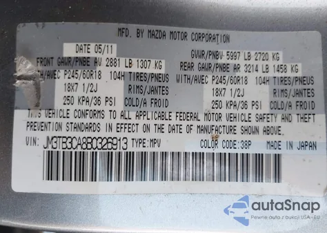 2011 Mazda Cx-9 Touring из США, поврежденный, VIN JM3TB3CA8B0326913